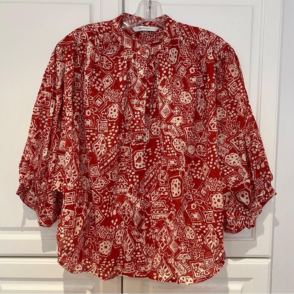 Rebecca Taylor Labyrinth Cotton Top Size Medium NWT Red Clay Flowy Modest Blouse